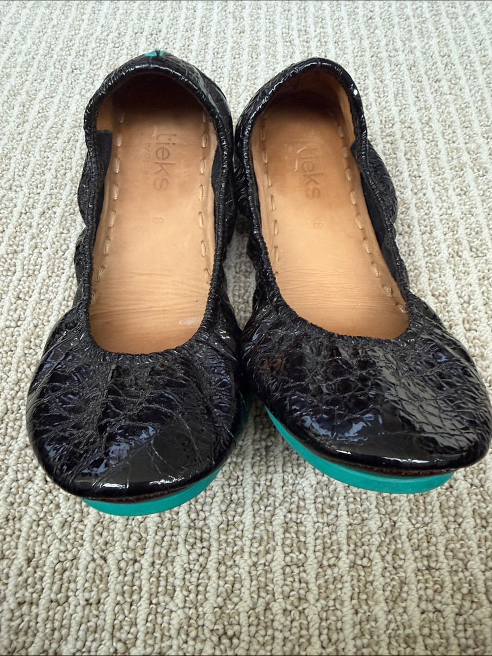 Tieks Black Croc-Embossed Ballet Flats with Teal Tab - Picture 2 of 3